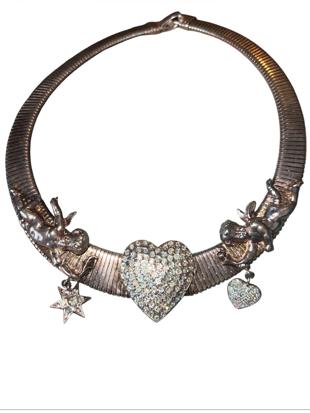 Angel Heart Omega Gas Pipe Graduated AB Crystal Rhinestone Gold Tone Necklace